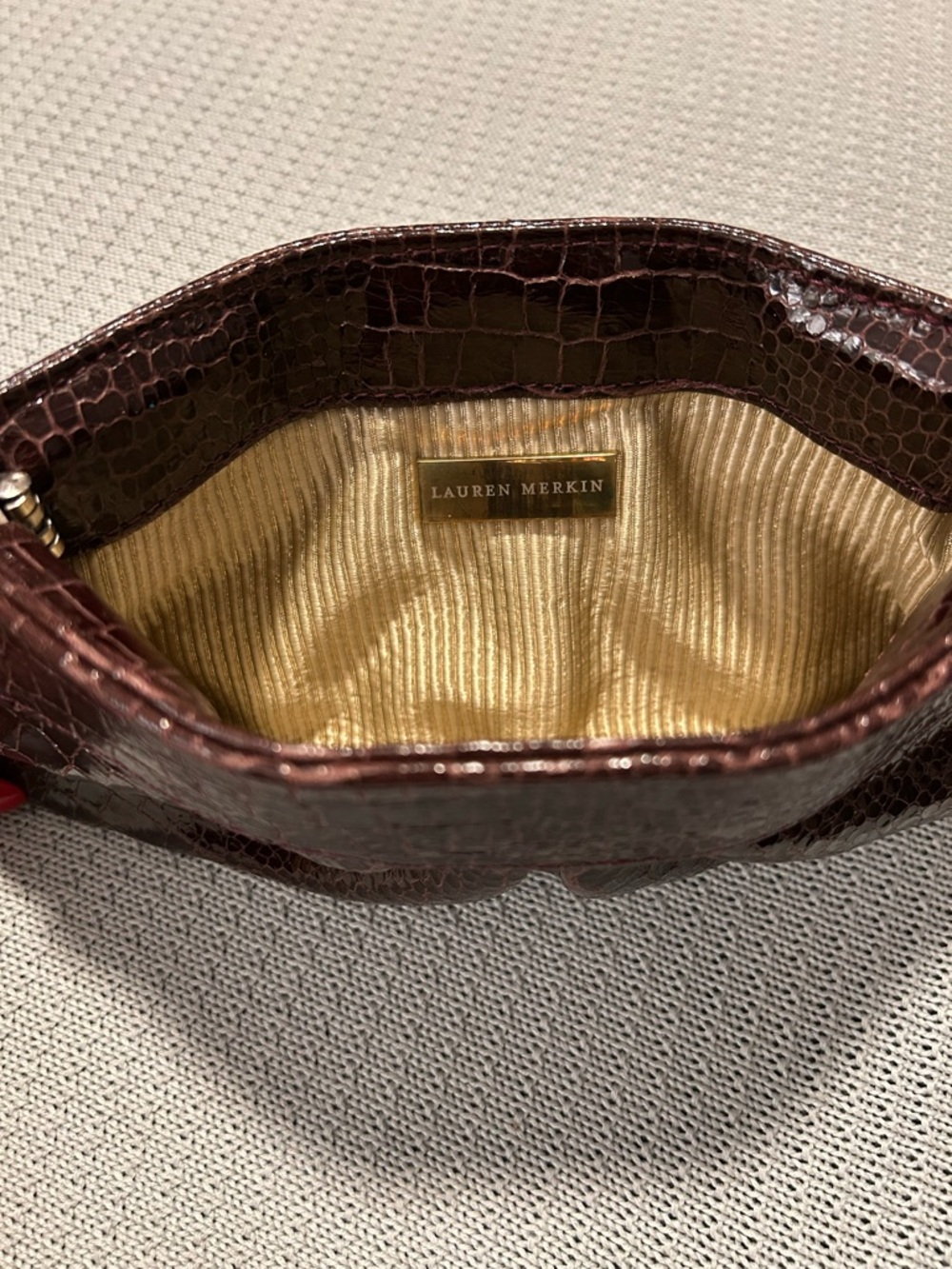 Lauren Merkin Patent LeatherCroc-Embossed Burgundy Clutch with Gold Interior - Picture 4 of 7